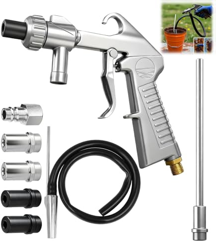 ZHEHNSA Pistola per sabbiatura set, sabbiatrice per compressore, con ugello lungo, calibro 5 mm/6 mm, trasportatore di aspirazione, tubo in gomma da 1 m, connettore per presa d'aria, sgrassatore