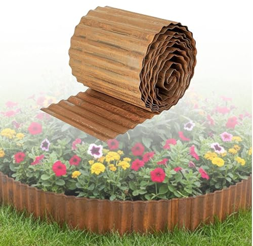 ADEPTNA Flexible Galvanised Rust Effect Steel Garden Lawn Edging – 5m Roll x 16.5cm High – Metal Grass Border with Rolled Safety Edge – Lawn & Path Divider (Rust Effect)