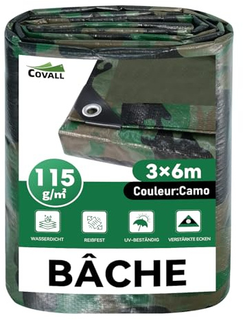 COVALL Lona Impermeable Exterior 3x6 m– 115g/m², Camuflaje Verde, con Ojales de Acero, Resistente al Desgarro, Lona Protectora Resistente a Intemperie y a Rayos UV, para Jardín, Piscina y Remolque