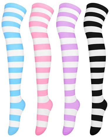 Aneco 4 Pairs Over Knee High Stripe Socks Stripe Thigh High Socks Cosplay Accessories for Woman Girls