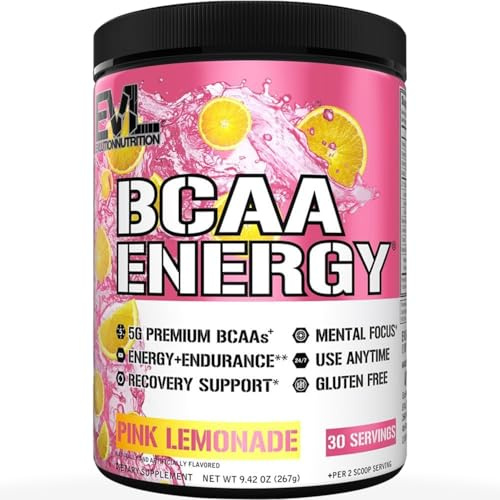 Evlution Nutrition BCAA Energy - Essential BCAA Amino Acids, Vitamin C & Natural Energizers for Performance, Immune Support, Muscle Building, Recovery, B Vitamins, Pre Workout, 30 Serve, Pink Lemonade