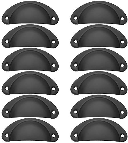 STARVAST 12Pcs Poignée de Coquille Vintage pour Tiroir et Meuble Cuisine - Fer Incurvé 8.2 x 3.5 cm avec Vis - Noir