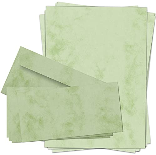 50 Briefpapiere und Briefumschläge SET | Marmor Grün | Papier und Umschlag mit Design-Motiv bedruckt | 90 g/m²