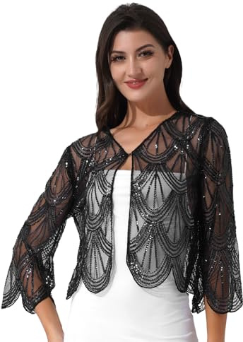 Freebily Femme Vintage Boléro Mariage Soirée Mariée Cardigan Ouverte Dentelle Gilet Châle Courte Cérémonie Carnaval Cosplay Écharpe Haut Noir A Taille Unique