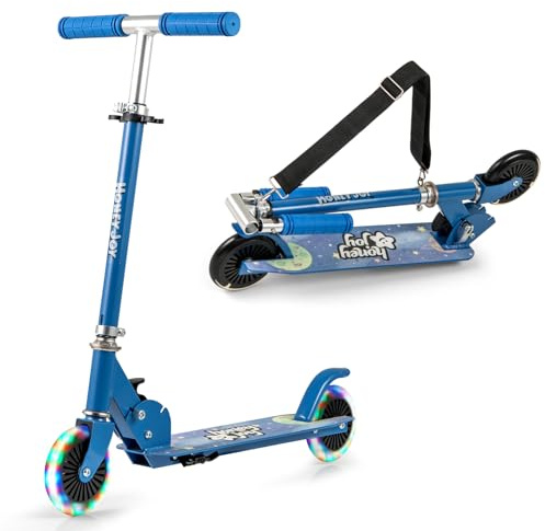 GYMAX Folding Kids Scooter, Height Adjustable Kick Scooter with Light up Wheels, ABEC-5 Bearings & Rear Brake, Anti-Slip Deck, Lightweight Scooters for Boys Girls