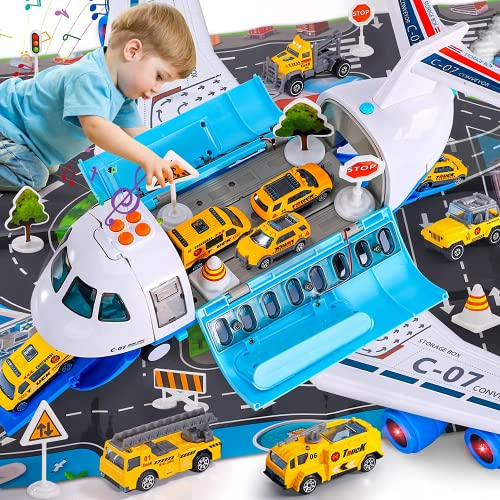 Ci Vetch Flugzeug-Spielzeug mit Rauch, Licht und Sound, 16 Zoll großes Transport-Frachtflugzeug- 6 Baulastwagen, Fricton-angetrieben, Jungenspielzeug-Geschenke für 2 3 4 5 6-Jährige