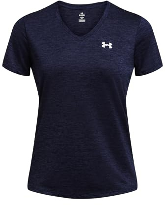 Under Armour Tech Manches Courtes col en V-Twist, T-Shirt Femme col V Confortable et au séchage Rapide, T-Shirt de Sport Respirant, Femmes, Midnight Navy/White, LG