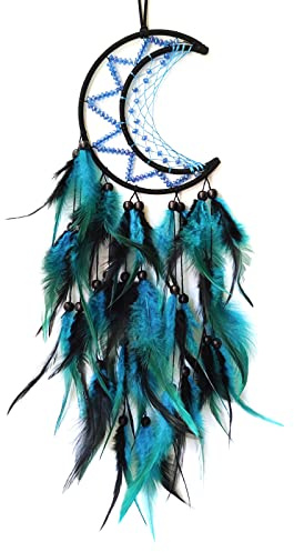 SOYUZU Moon Dream Catcher Black and Blue Dream Catchers Wall Decor Handmade Feather Dreamcatcher Wall Hanging Ornament for Bedroom Living Room Home Decor