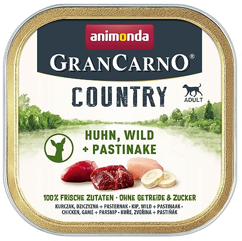 animonda GranCarno Hunde Nassfutter Country Huhn, Wild + Pastinake (22 x 150g), getreidefreies Hundenassfutter ohne Zucker, für ausgewachsene Hunde, mit frischen fleischigen Zutaten