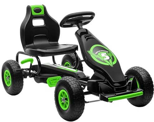 HOMCOM Kart à pédales pour Enfant Go-Kart véhicule à pédale siège réglable 3 Positions Frein à Main pneus antidérapant Enfant de 5 à 12 Ans métal + PP Vert Noir