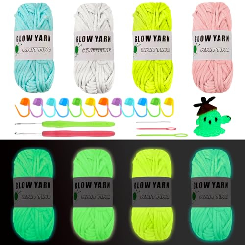 innislink Leuchtendes Handstrickgarn, 4 Stück leuchtwolle zum häkel, strickgarn im dunkeln leuchtende mit Werkzeug, 2mm wolle zum stricken chunky wolle für handwerk,Nähen Anfänger,Weihnachten