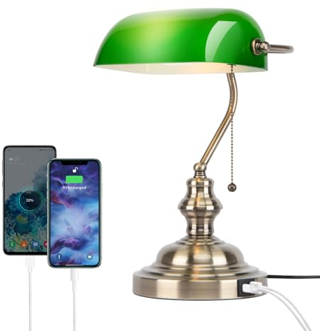 JCPYIUL Grün Glas Banker Schreibtischlampe, Tischlampen Retro, Tischleuchte mit kabellosem Ladegerät USB, Nachttischlampe mit Ladefunktion Antikes Metall Messing Zugkettenschalter