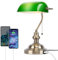 JCPYIUL Grün Glas Banker Schreibtischlampe, Tischlampen Retro, Tischleuchte mit kabellosem Ladegerät USB, Nachttischlampe mit Ladefunktion Antikes Metall Messing Zugkettenschalter