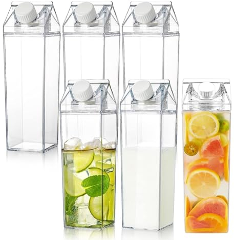 6 Pack Milk Carton Water Bottles 34oz/1000ml Leak Proof Plastic Water Bottle Reusable BPA Free Sports Water Bottle Carton Shaped Juice Milk Bottle for Gym Camping Hiking Travel Sports, Dishwasher Safe