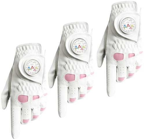 VEASAERS Golf Gloves Women Leather with Ball Marker 3 Pack, Left Hand Right Stylish Pink All Weather Grip Breathable Glove, Fit Sizes Small Medium Large for Womens Ladies (3 Pack Pink, Large, Left)
