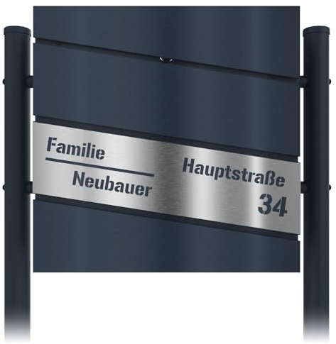 Graviers Design Briefkasten mit Standfuß in Anthrazit RAL 7016 freistehend - Laserschnitt diagonal Postkasten personalisiert Edelstahl Namensschild Hausnummer - Briefbox mit Schloss Zeitungsfach