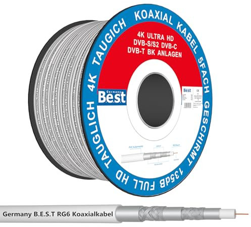 Germany B.e.s.t Koaxialkabel 100 M SAT-Kabel | 4K Ultra HD | Class A+ | DVB-S/S2 DVB-C DVB-T BK Anlagen | 5Fach Geschirmt | 135dB