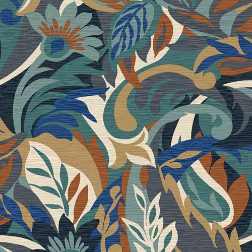 Monde du papier peint Casa Leaf Wallpaper - Papier peint floral de luxe décoratif moderne avec motif de feuilles et de fleurs (bleu et vert sarcelle)