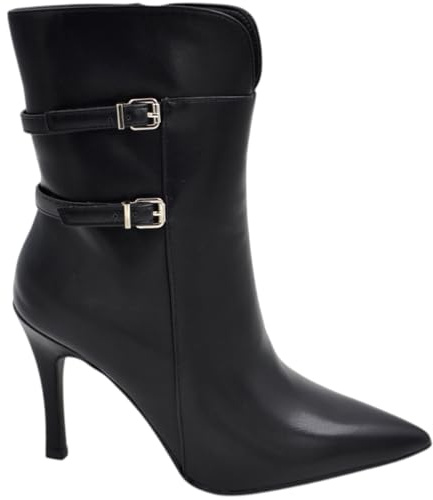 Malu Shoes Tronchetto Donna Stivaletto Pelle Nero a Punta Altezza sopra Caviglia Rigido con Spacco Tacco Spillo 10 cm Fibbie (39 EU)