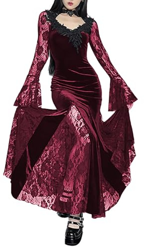 DINGJIUYAN Women Gothic Velvet Maxi Dress Vintage Long Sleeve Flare Sleeve Velour Lace Long Dresses Halloween Costumes