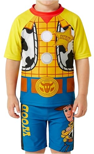 Disney Toy Story Buzz the Lighthouse | Woody baddräkt, tvådelad rashguard-väst och badshorts, dragkedja, sommar present för pojke, Multi Woody, 4-5 ans