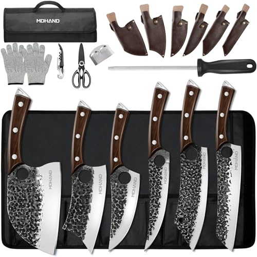 MDHAND Butcher Knife Set, 18PCS Hand Forged Serbian Chef Knife Set with Bag, Full Tang Kitchen Knife Sets with High Carbon Steel, Meat Cleaver Butcher Boning Knife for Brisket Trimming, Gift for Men