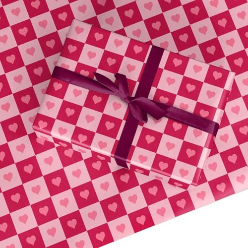 Valentine's Day Wrapping Paper - Pink and Red Checkered Heart Design Gift Wrap Recyclable FSC Paper Eco-Friendly for Women, Men - 2 Sheets (50x70cm)