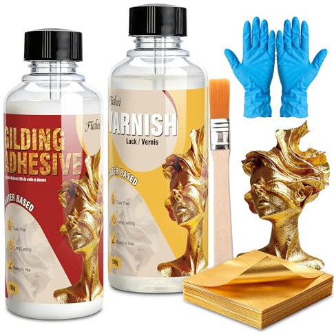 Pegamento y Barniz para Pan de Oro al Agua (200ml) + 100 Hojas de Pan de Oro - Fácil limpieza con agua - Para madera, vidrio, metal, plástico, piedra - Manualidades, pintura y muebles | Para arte, artesanía, pintura y muebles,Adecuado para madera, vidrio, plástico, metal, piedra.