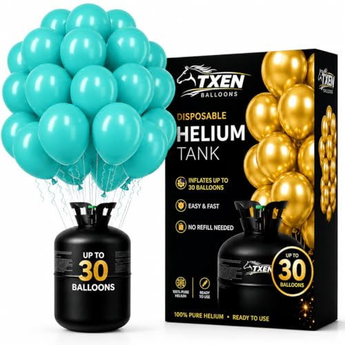 TXEN Disposable Helium Tank 7L with Aqua Blue Balloons, Fills Up to 30 Balloons, Portable Helium Gas Cylinder for Birthday Party, Wedding, Baby Shower & Event Decoration