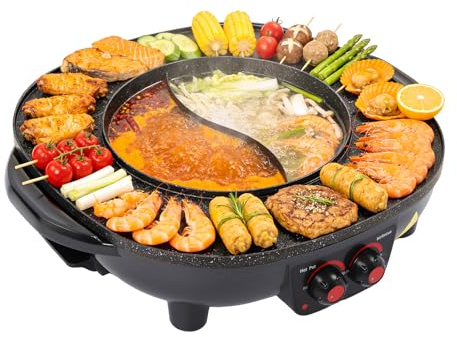 Barbacoa eléctrica 2 en 1, 2000 W, 3 L, olla caliente y parrilla de mesa eléctrica con control de temperatura independiente, parrilla de fondue tailandesa para 5-6 personas