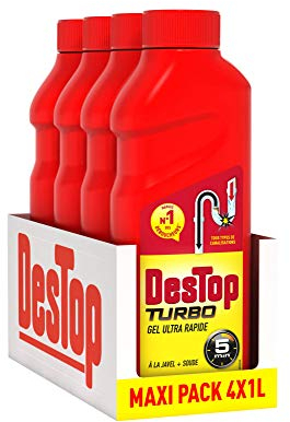 Destop Gel Turbo Déboucheur Canalisation et Desinfectant , 5 min - Produit Canalisation Lot de 4 x 1L