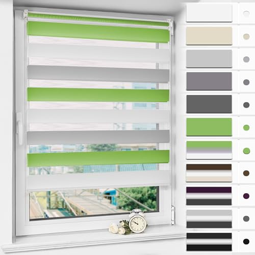 Magiea Doppelrollo Klemmfix ohne Bohren & mit Bohren, Grün-grau-weiß B85 x H120 cm Stoffbreite 81 cm, Klemmrollo lichtdurchlässig und Blickdicht, Fensterrollo Sonnenschutzrollo für Fenster