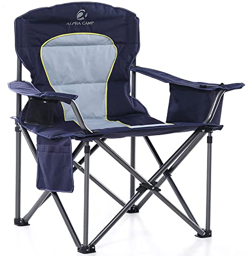 ALPHA CAMP Heavy Duty Camping Chair 500 LBS Capacity, Oversized Folding Chair for Heavy People, Padded Portable Outdoor Chair with Cooler Bag & Cup Holder for Camping, Fishing, Beach,Blue,1PC
