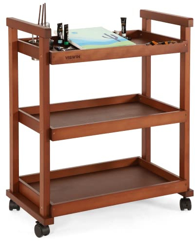 VISWIN 93 cm H Carro Organizador de 3 Niveles, Carro Rodante de Madera de Haya Maciza con Ruedas, Carro Organizador Multifuncional de Materiales de Arte, Carro para Estudio, Aula, Cocina