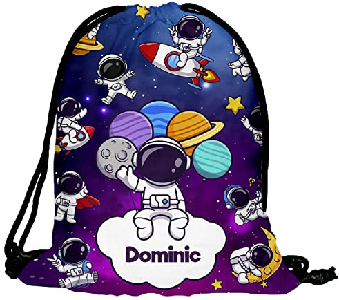 Ferocity Kinder Turnbeutel mit Namen Beutel Fullprint Tasche Gymsac Jutebeutel Print Bag Fitness Junge Mädchen Astronaut Weltall Kosmos [010]