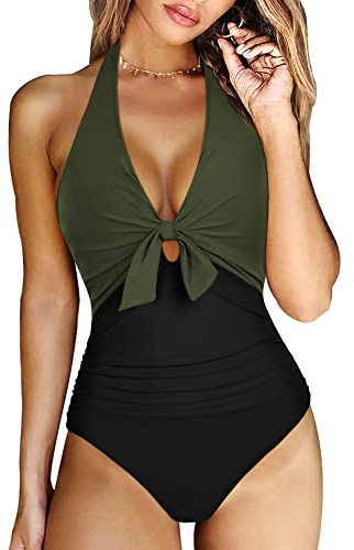 DOULAFASS Tie Knotted Swimming Costume Women Tummy Control Push Up Swimsuit Halter V Neck Padded One Piece Swimwear