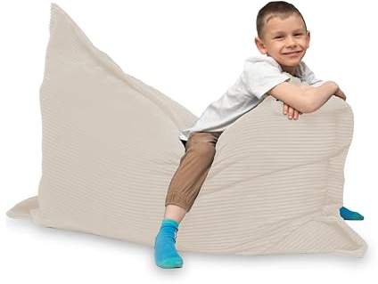 chilly pilley® Pouf Géant L XL XXL Velours Côtelé - Déhoussable - Rembourré - Doux Pouf Salon, Chambre, Enfants & Adultes 100x70 Couleur Crème