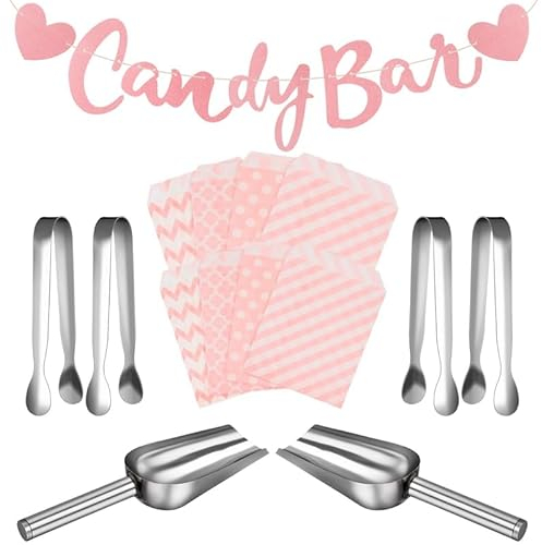 Firtink Candy Bar Zubehör,107 Stück Candy Bar Partydekorationen einschließlich Candy Bar Tüten Zuckerzange Candy Bar Schaufel und Girlande für Hochzeit Party Geburtstagsdekoration(Rosa)