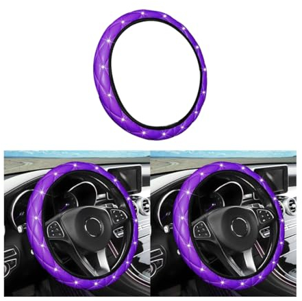 JNNJ Steering Wheel Cover, Diamond Soft Leather Steering Wheel Cover, Bling Elastic Steering Wheel Protector with Sparkly Crystal Rhinestones, Auto Accessories Universal for Truck Van(Purple)