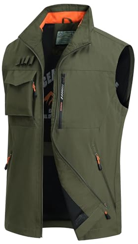 MaJia2366 Fiskevästar för män med flera fickor utomhusväst jakt resor fotografi väst ärmlös snabbtorkande vardagsjackor toppar, Armégrönt, XL