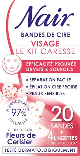 NAIR Kit carezza - Strisce di cera fredda per viso, facili da separare e adatte alle pelli sensibili, formula 97% di origine naturale all'estratto di fiori di ciliegio, 20 strisce di cera