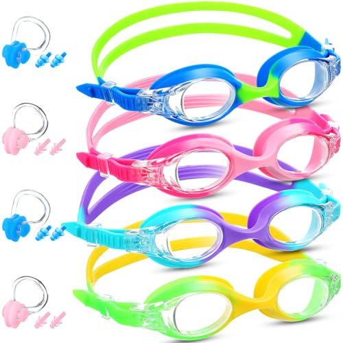 Meooeck 4 Pairs Kids Swim Goggles Anti Fog Multipack Clear Swimming Goggles with Nose Clip Earplug for Girls Boys Pool Gift(Multi-colored)