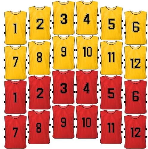 Lot de 24 dossards de football en maille pour adulte, gilet d'entraînement numéroté pour équipe de jeunes pour football, basket-ball, volley-ball – Rouge et jaune, Rouge, jaune., big