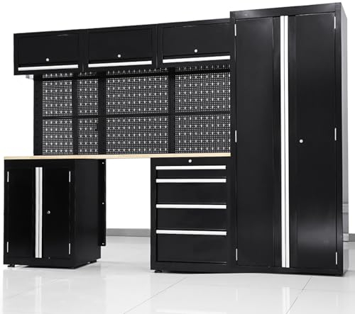 Ondis24 XL Werkstatt Komplett Set 260cm vormontierte Männerküche Werkstattrichtung modular mit Holzarbeitsplatte, Werkzeugschränke, Werkbank mit Schubladen (9 TLG.)