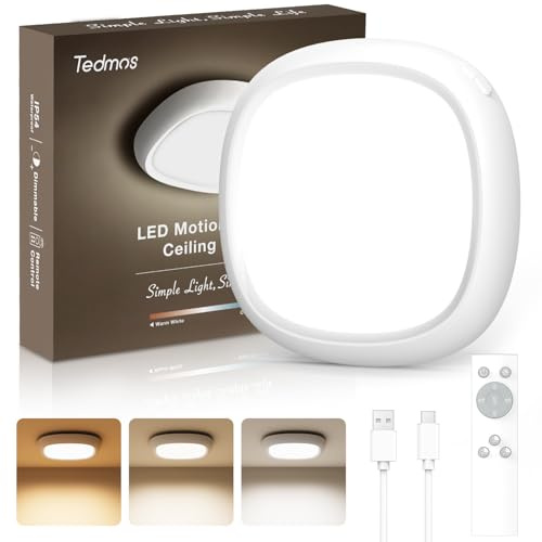 Lampara Techo Recargable USB con Sensor de Movimiento, 550LM Bateria 12000mAh IP54 Impermeable Plafon LED Techo con Pilas y Mando, Luz Techo Sin Cable y Sin Enchufe para Interior Pasillo Baño Garaje