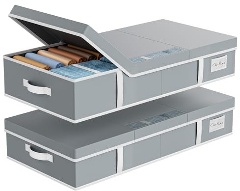 LAMU 2 Pack Under Bed Storage, Large Fabric Underbed Storage Boxes with Lid, Foldable Profile Stackable Storage Box with Clear Window & 4 Handles for Clothes, Blanket, Shoes, Bedding, Grey, 80x40x15cm