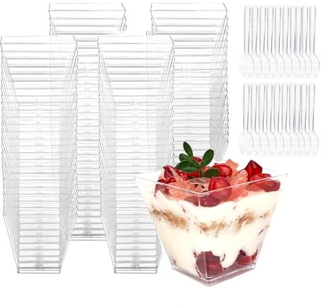 KOOSREEL 50Pcs Tasses à Dessert, 60ml/2oz Coupes Gobelets avec 50 Cuillères Mini Tasses à Dessert Gobelets Verrines à Dessert Réutilisables en Plastique pour Mousse,Tiramisu,Anniversaire