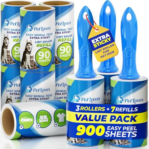 PetLovers Rullo per pelucchi extra appiccicoso Mega Value Set da 900 fogli per la depilazione di animali domestici e vestiti, rimozione pelucchi per cani e gatti, confezione da 10