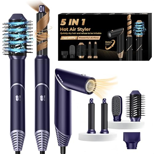 5 en 1 Air Brush Styler Brosse Soufflante Chauffante Brushing Sèche-Cheveux Ionique Boucleur a Cheveux à Air Brosse à Lissante Embout de Sèche-cheveux Ensemble de Coiffure pour Femmes, Blau/Argent