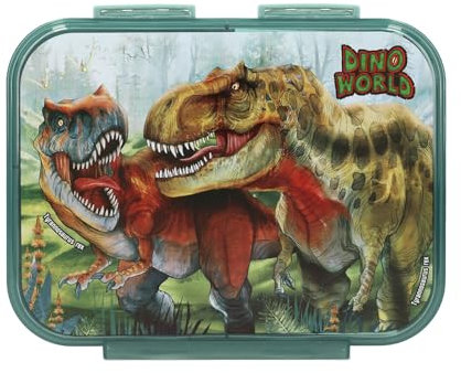 Depesche 13401 Dino World Bite - Boîte à goûter en Vert foncé, avec Motif de Dinosaure et Paysage, boîte à déjeuner avec 3 Compartiments et Couvercle à charnière